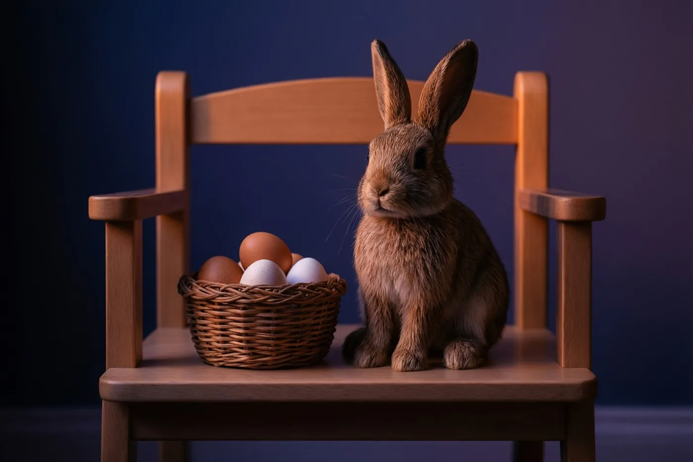 Een houten speelgoedkonijn zit naast een rieten mand met eieren op een klein houten stoeltje tegen een donkerblauwe achtergrond.