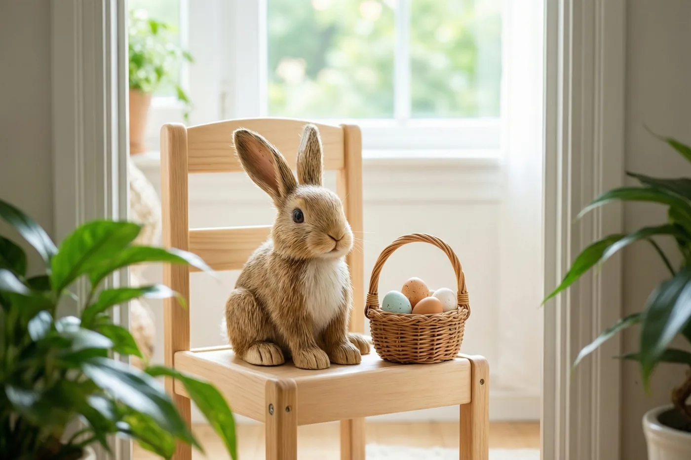 Een houten speelgoedkonijn zit met een rieten mand gekleurde eieren op een kinderstoel bij een helder raam met groene planten.