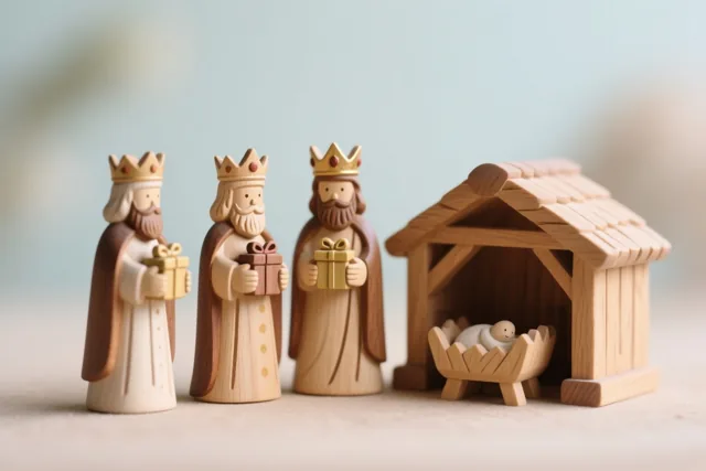 Drie gesneden houten koningen met geschenken staan naast een houten kerststal met een babyfiguurtje erin, tegen een zacht vervaagde achtergrond.