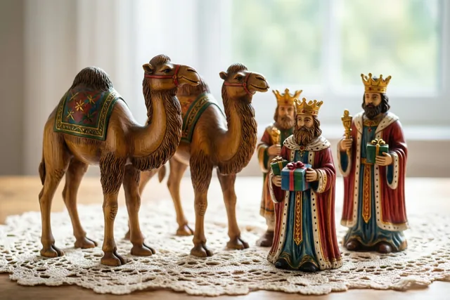 Handgesneden houten kamelen en drie koningen met geschenken staan op een kanten kleedje, met zacht daglicht van een raam op de achtergrond.