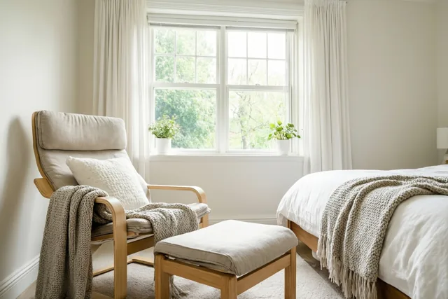 Een houten leesstoel met een gebreide deken staat naast een raam met witte gordijnen in een slaapkamer met beige en lichte houttinten.