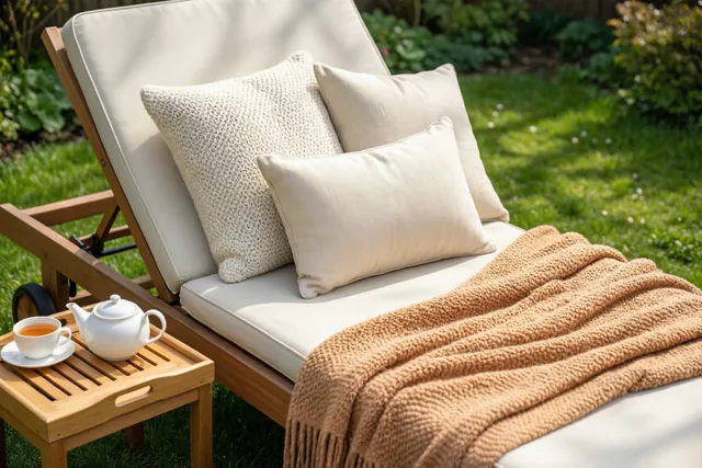 Een houten tuinligstoel met beige kussens en een lichtbruine gebreide deken staat in de zon op het gras, naast een houten dienblad met een witte theepot en een kop thee.