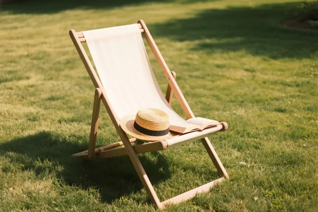 Een houten ligstoel met crèmekleurige stof staat op een zonnig groen gazon, met een open boek en een strohoed met zwarte band op de zitting.