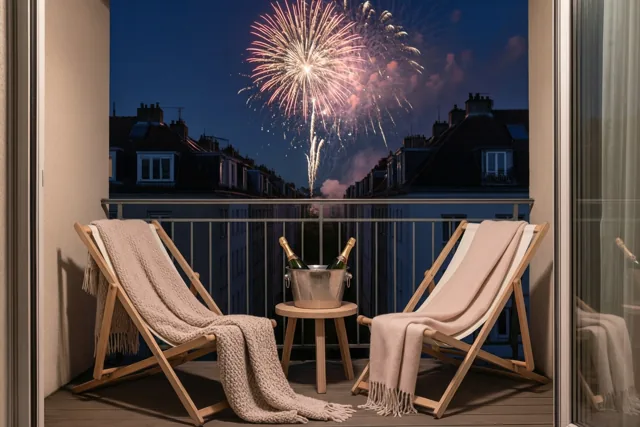 Door een glazen deur zijn twee houten ligstoelen met beige wollen dekens en een tafeltje met champagnekoeler op een balkon zichtbaar, met vuurwerk boven donkere daken.