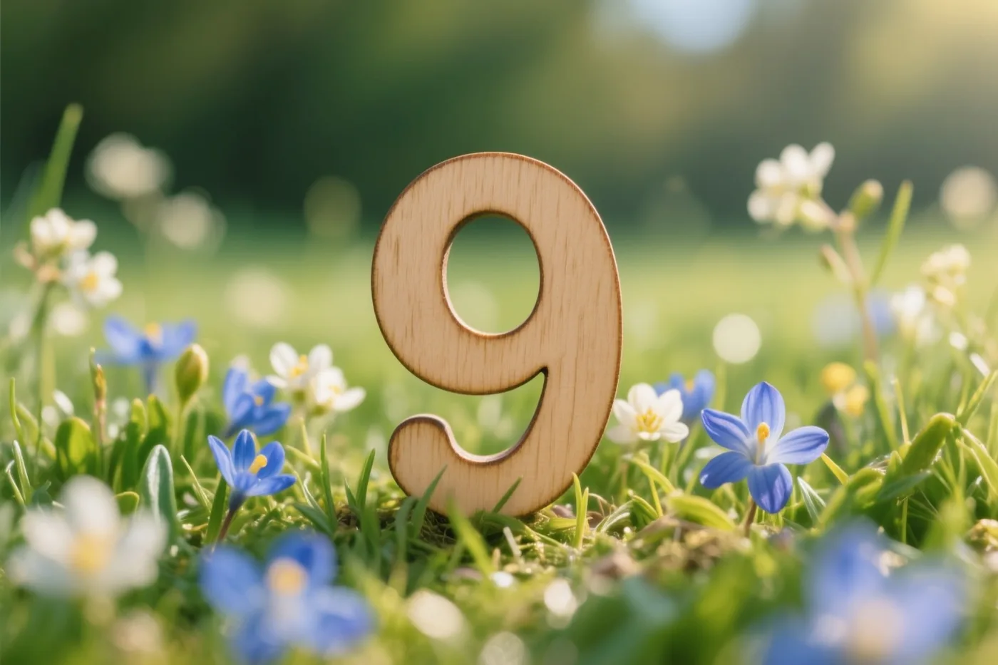 Een houten 9 staat rechtop in een zonovergoten weide met verse lentebloemen, tegen een onscherpe achtergrond van groen gras en blauwe en witte bloemen.