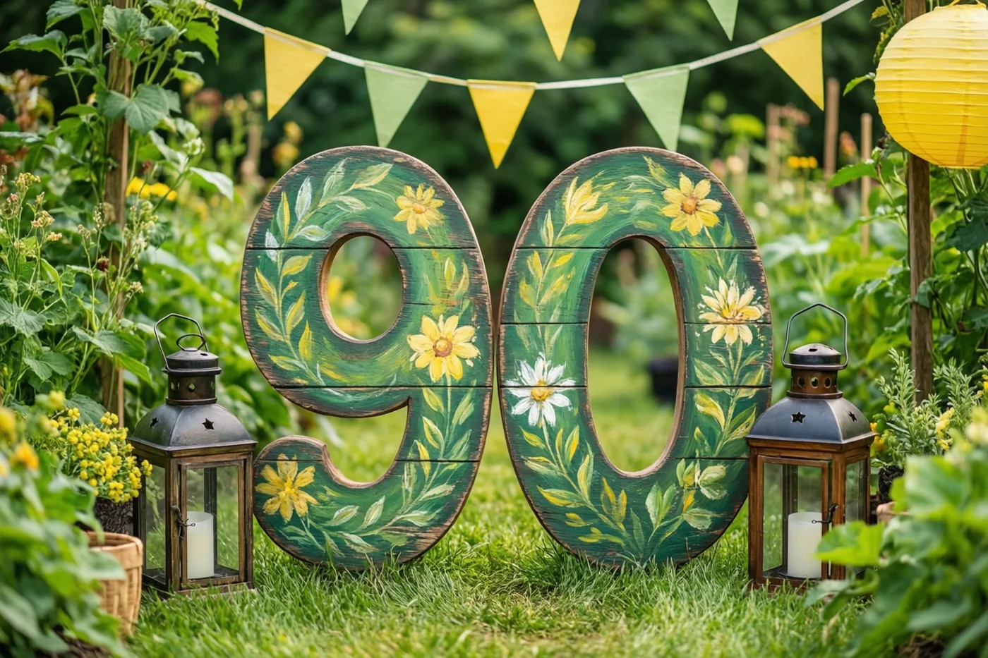 Een groot beschilderd houten bord met 90 staat in een weelderig groene tuin tussen twee lantaarns en gele en groene vlaggetjes.