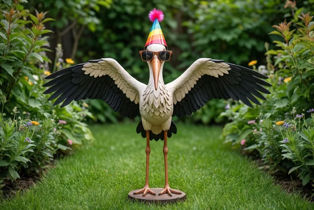 Een houten ooievaar met gespreide vleugels, een zonnebril en een kleurrijk feesthoedje staat in een groene tuin met bloemen.