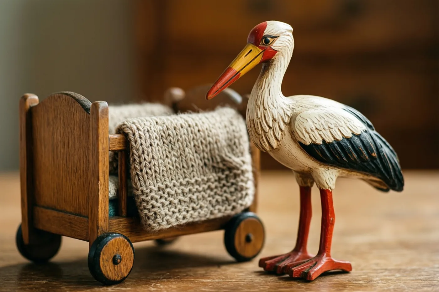 Een beschilderde houten speelgoedooievaar staat naast een miniatuurwiegje met een beige handgebreide deken op een warmgekleurde houten ondergrond in zacht daglicht.