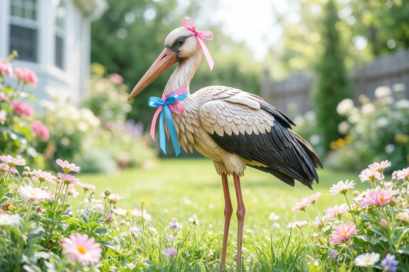 Een houten ooievaar met roze en blauwe linten staat op een groen gazon tussen roze en witte bloemen, met een huis op de achtergrond in een zonnige tuin.