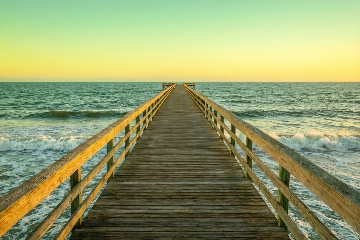 Een lange houten pier strekt zich bij zonsopgang uit over zee, met rustige golven eronder en warme gele en groene tinten in het tafereel.