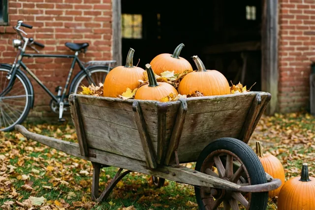 Een oude houten kruiwagen vol pompoenen en herfstbladeren staat voor een rode bakstenen schuur, met een oude fiets tegen de muur op de achtergrond.