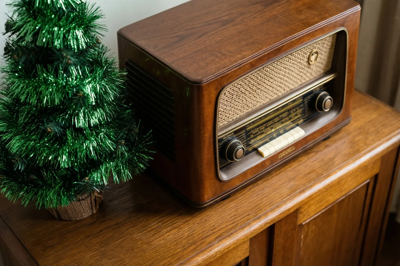Een oude houten radio met een geweven luidsprekerfront staat op een houten dressoir naast een klein kerstboompje van groene glitterslingers.