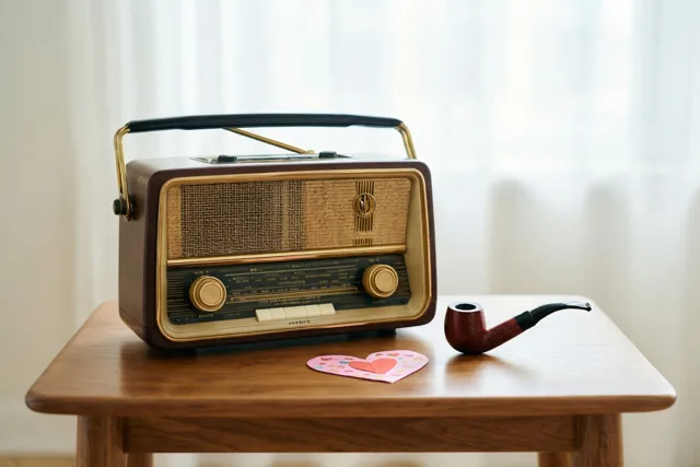 Een oude houten radio met goudkleurige afwerking staat met een pijp en een papieren kinderhart op een teakhouten bijzettafel in zacht licht van een raam op de achtergrond.