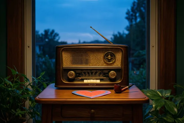 Een oude houten radio staat met een pijp en een papieren kinderhartje op een teakhouten bijzettafel bij het raam in de blauwige schemering.