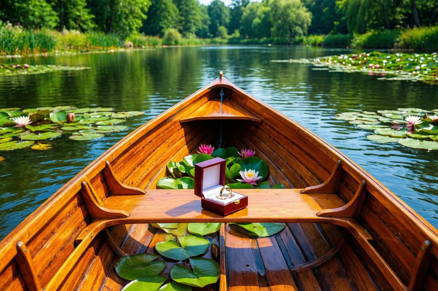Een houten roeiboot drijft op een rustige vijver tussen waterlelies en weelderig groen in helder zonlicht.