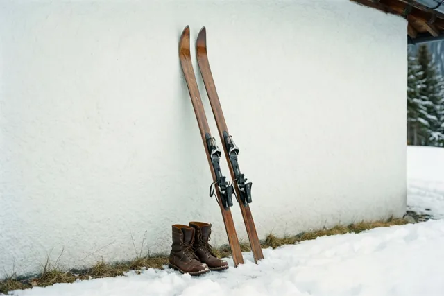 Twee oude houten ski's en bruine leren laarzen staan tegen de witte bepleisterde muur van een besneeuwd chalet.