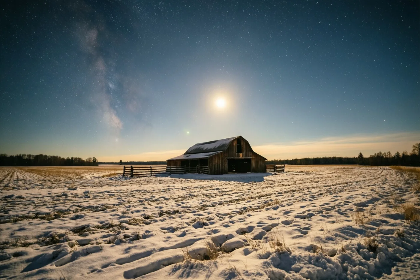 Een klein houten stalletje staat in een besneeuwd veld bij nacht onder een sterrenhemel met een heldere maan en warm licht over het landschap.