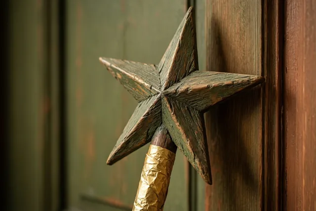 Een verweerde houten ster op een stok met gekreukt goudpapier leunt tegen een houten deur, in gedempte groene en bruine tinten.