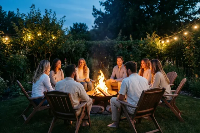 Een groep vrienden zit in houten stoelen rond een brandende vuurkorf in een tuin bij schemering, verlicht door warme lichtslingers en het vuur.