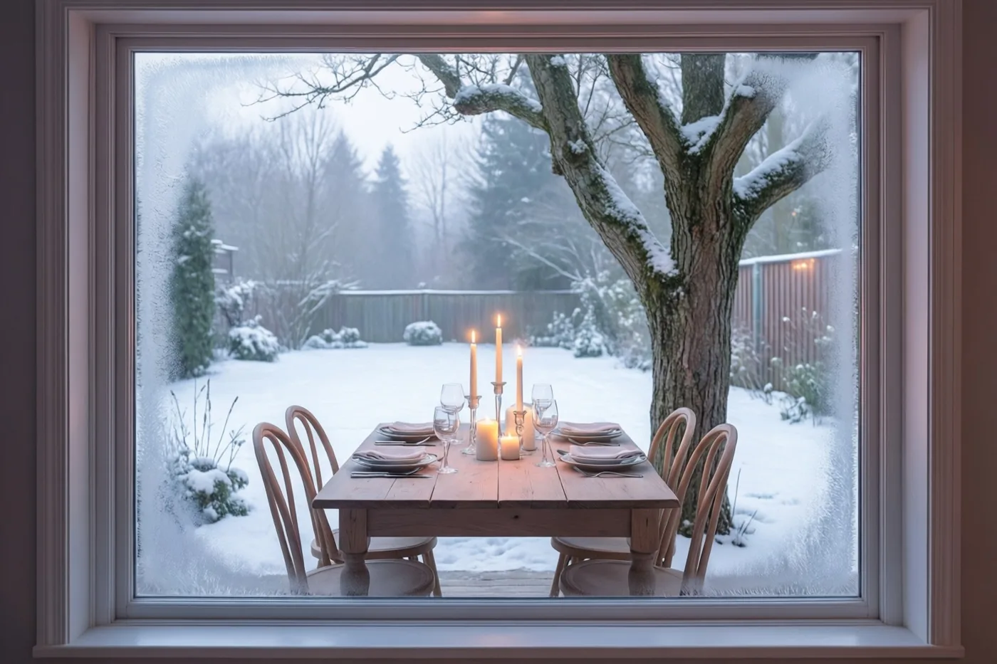 Door een berijpt raam is een houten eettafel met borden, bestek en brandende kaarsen te zien, met buiten een besneeuwde tuin en een grote boom.