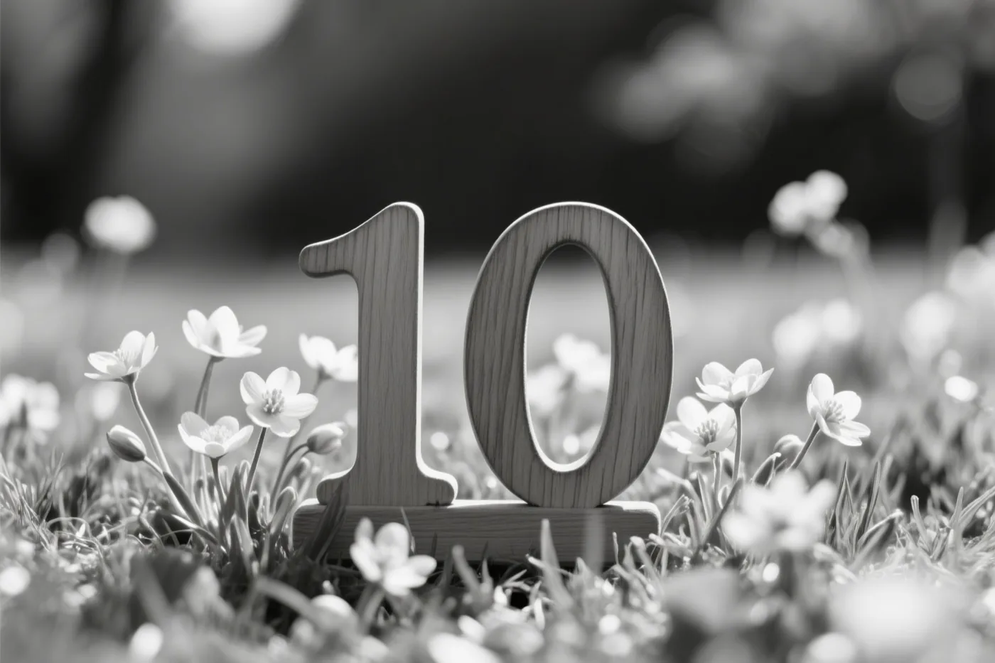 Een houten getal 10 staat in een grasweide tussen kleine lentebloemen op een zwart-witfoto.