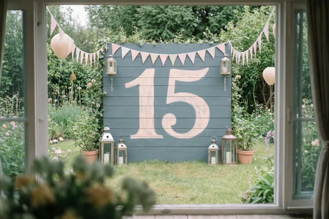 Door een raam is een tuin met groen en bloemen te zien, met een groot houten bord met 15, vlaggetjes en lantaarns.