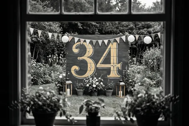 Een zwart-witfoto toont door een raam een tuin met een groot houten bord met 34, vlaggetjes, lantaarns, potplanten en bloemen.