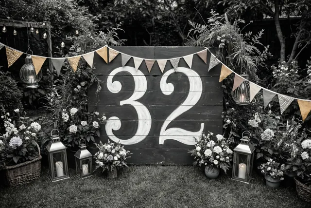 Een zwart-witfoto toont een groot houten bord met 32 in witte verf in een tuin met bloemen, lantaarns en vlaggetjes.