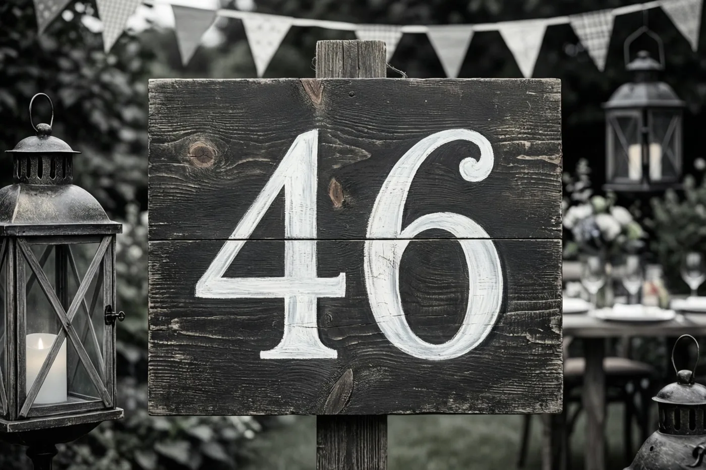 Een zwart-witfoto toont een verweerd houten bord met 46 in witte verf in een tuin met vlaggetjes en lantaarns.