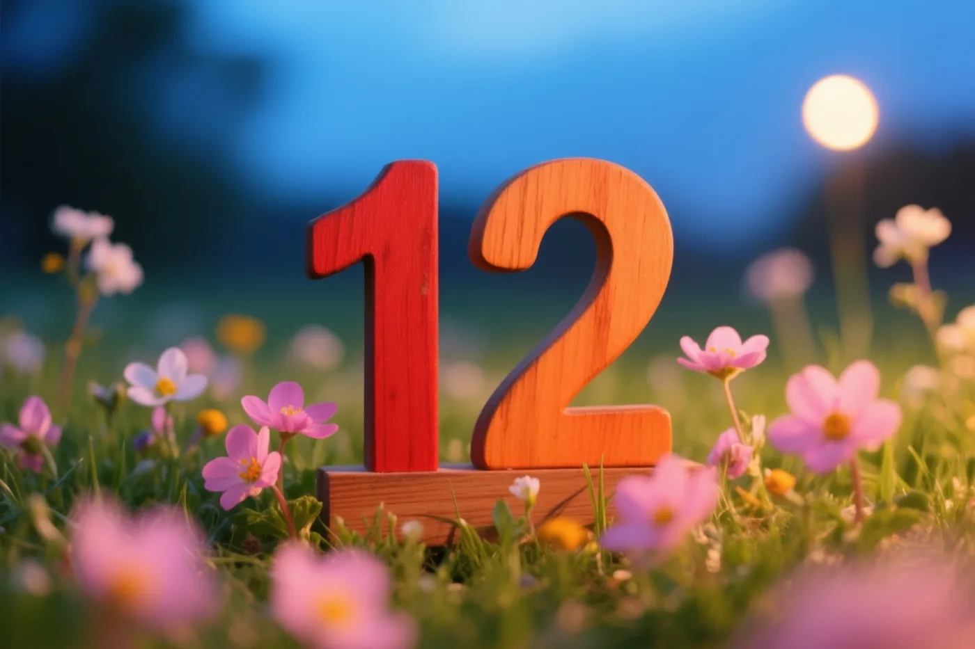 Houten cijfers vormen 12 in een grasweide met roze en witte lentebloemen, onder een blauwe lucht met een felle zon.