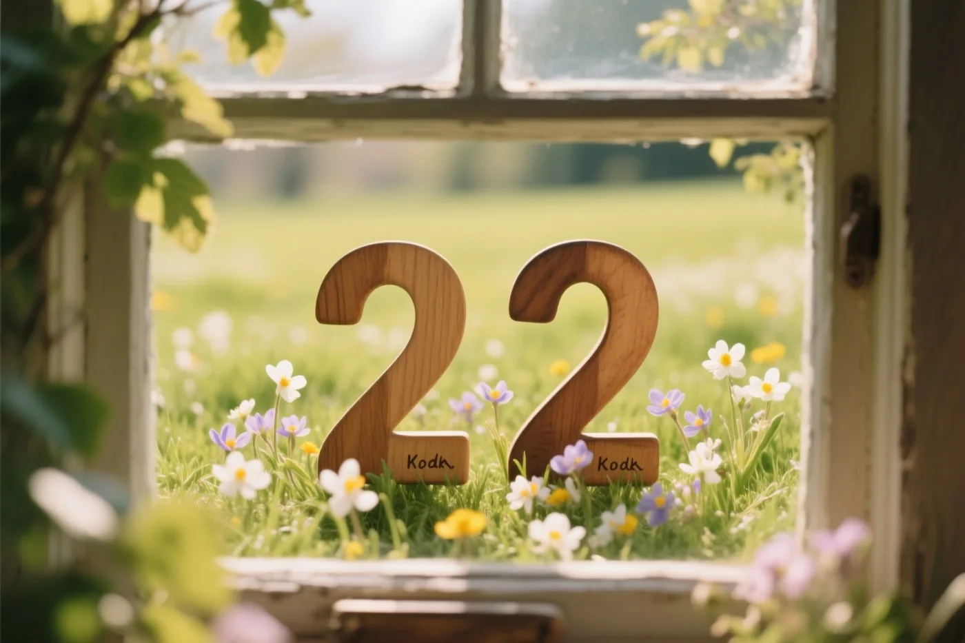 Door een raamkader zijn twee houten cijfers 2 te zien in een zonnige weide vol lentebloemen.
