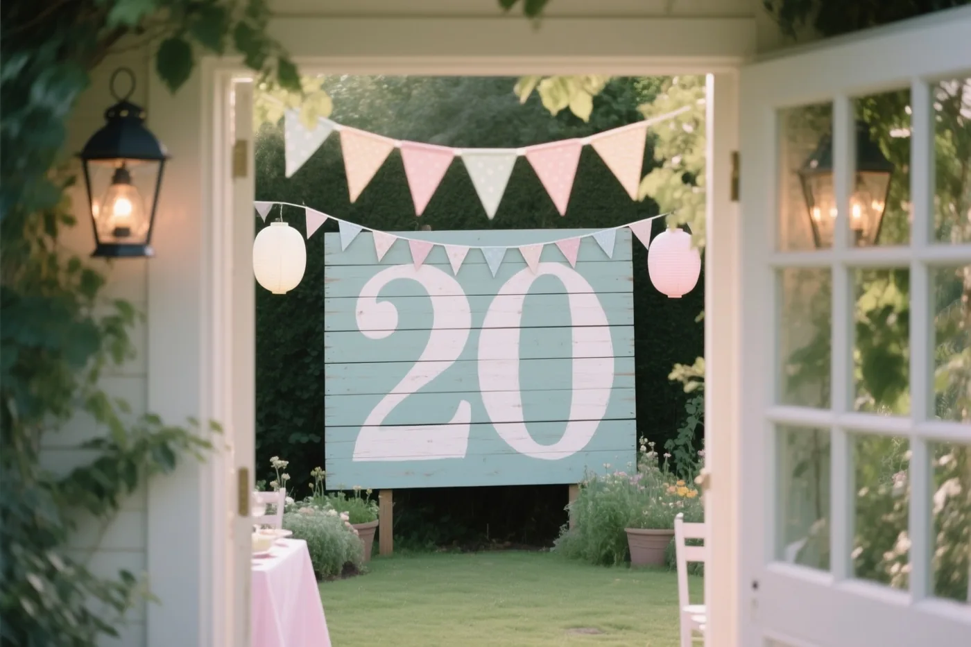 Door een open deur met een wit geschilderd kader is een tuinfeest te zien met een groot houten bord met 20, pastelvlaggetjes, papieren lantaarns en groen.