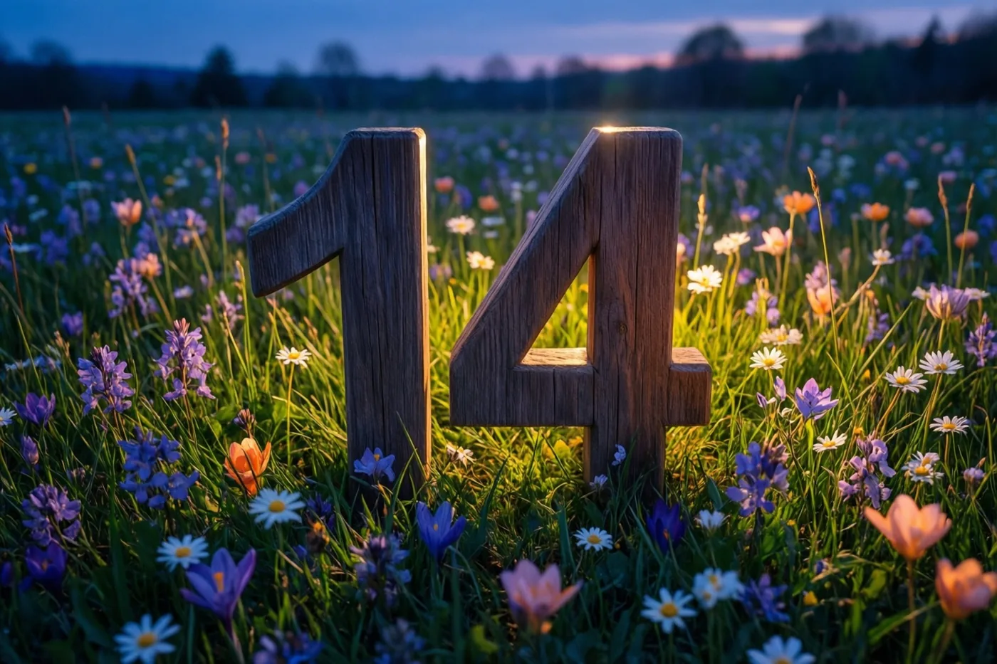 Houten cijfers vormen 14 in een weide vol lentebloemen, in warm zonlicht onder een schemerhemel.