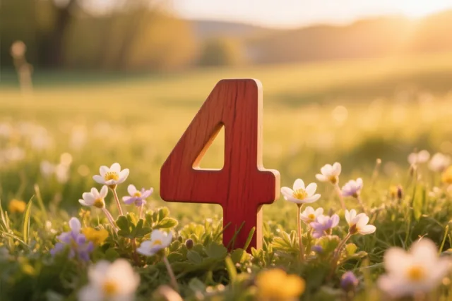 Een houten cijfer 4 staat rechtop tussen verse lentebloemen in een weide met warm gouden zonlicht en een onscherpe achtergrond.