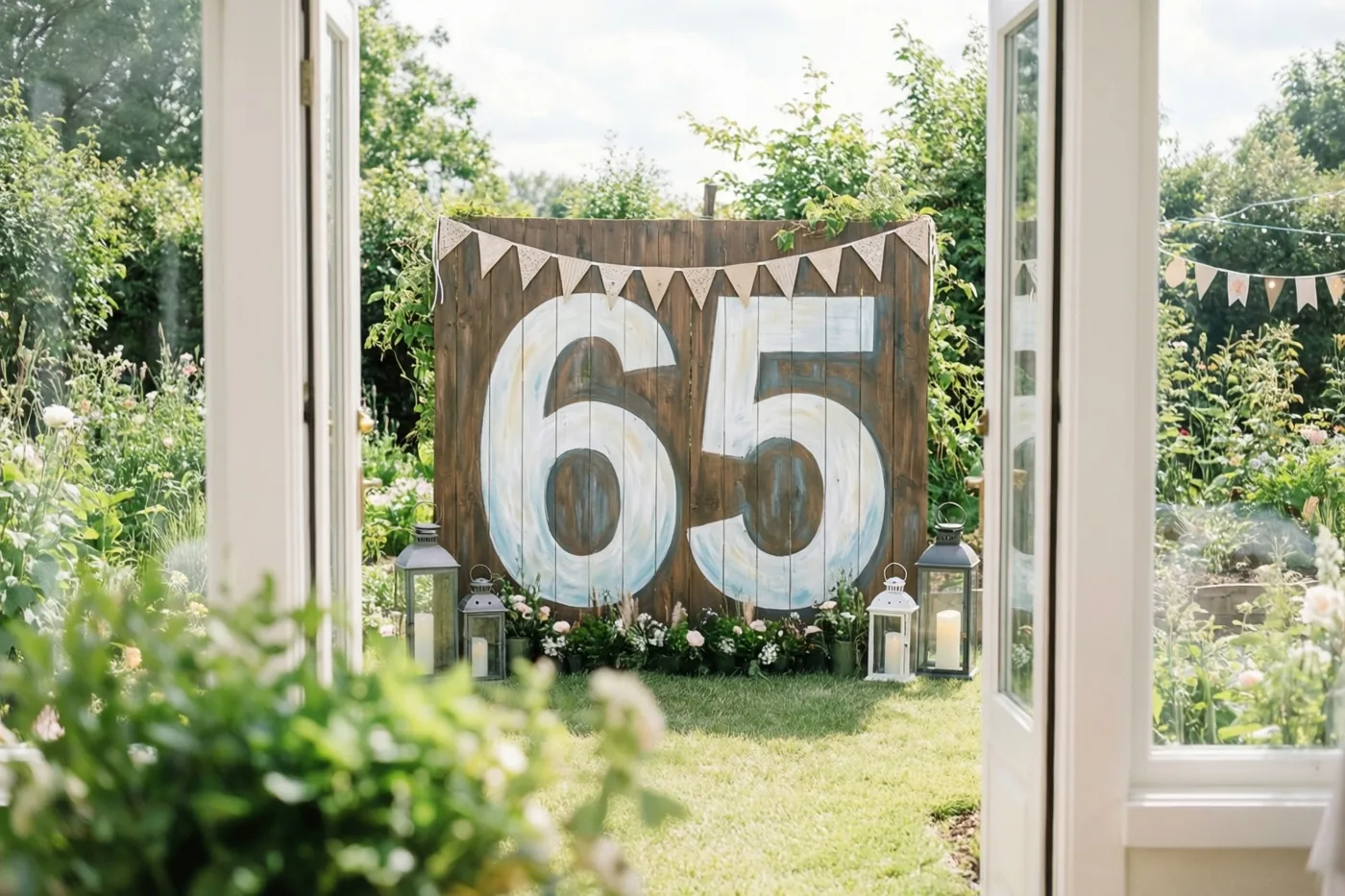 Door een raam is een weelderige groene tuin te zien met een houten bord waarop 65 staat, vlaggetjes en lantaarns in helder daglicht.