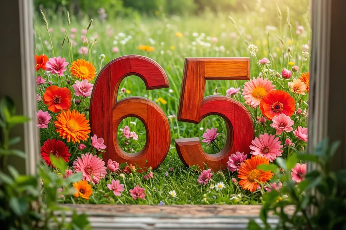 Een omlijsting die op een raam lijkt omkadert houten cijfers 65 in een zonnige weide vol kleurrijke lentebloemen.