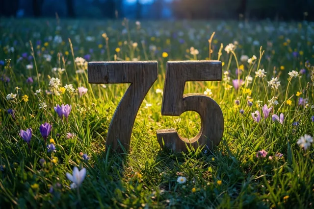 Houten cijfers vormen 75 in een groene weide vol lentebloemen in warm zonlicht.
