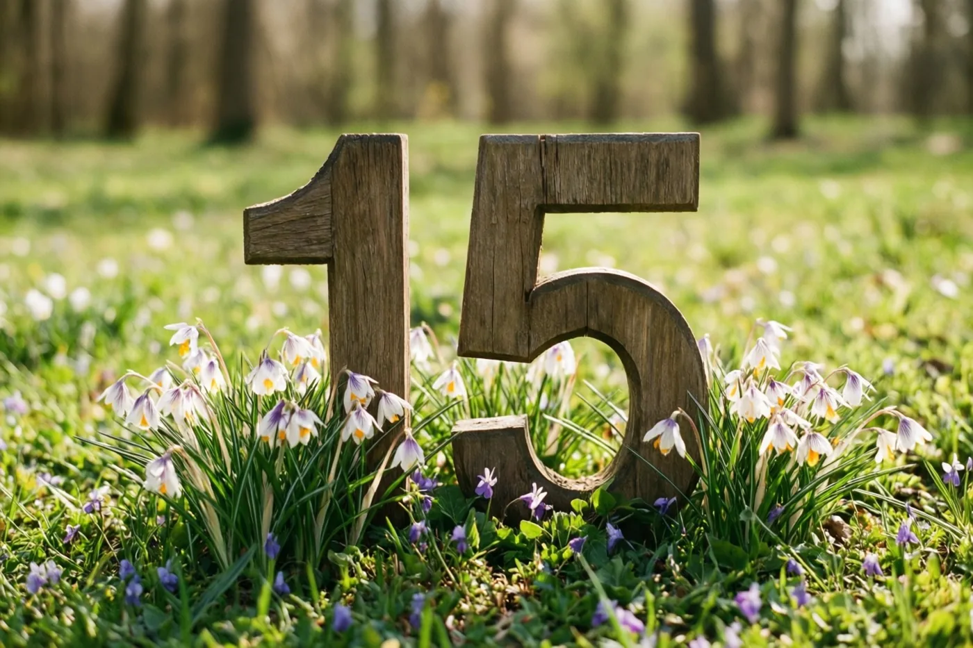 Houten cijfers 15 staan rechtop in een zonnige grasweide met kleine lentebloemen en een onscherp bos op de achtergrond.