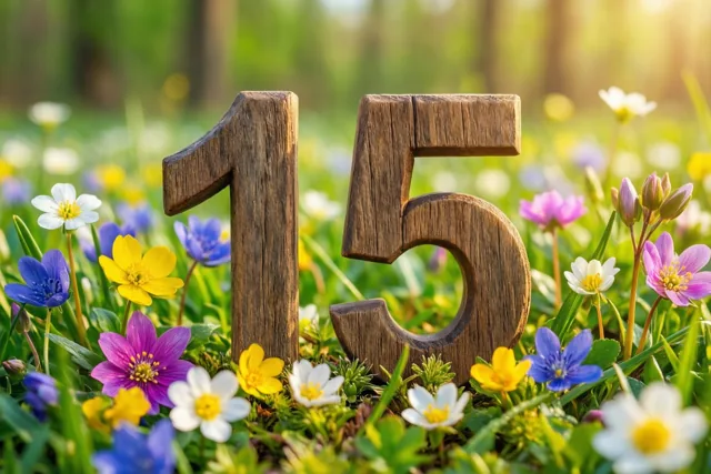 Houten cijfers vormen 15 in een weide vol lentebloemen, met fel zonlicht en een onscherpe groene achtergrond.
