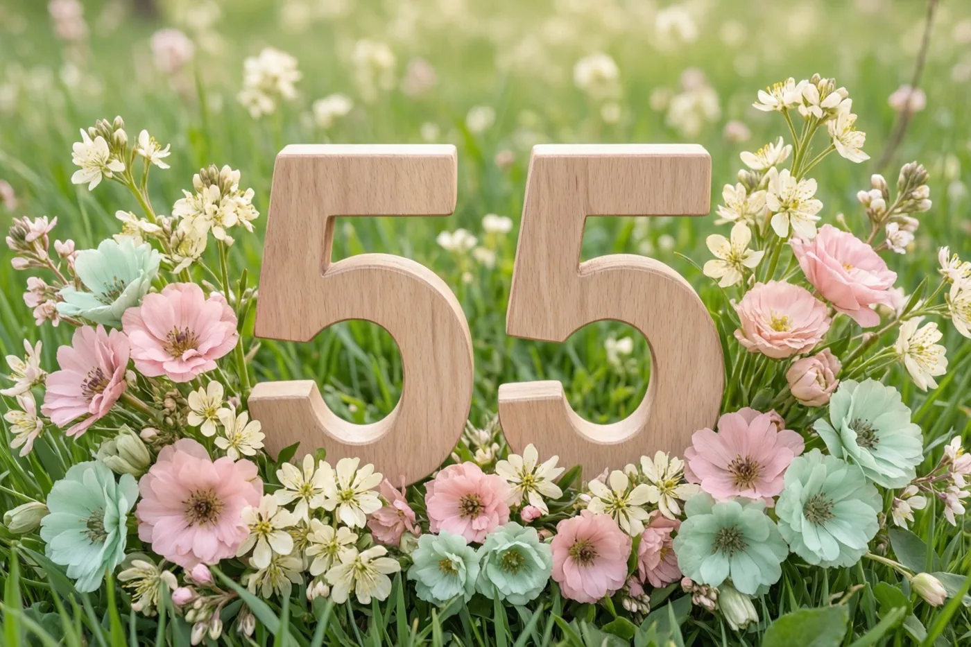 Twee houten vijven staan in een grasweide tussen lentebloemen in pastelroze, mintgroen en wit tegen een zachtgroene achtergrond.