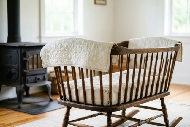 Een oude houten schommelwieg met een doorgestikte deken staat naast een gietijzeren kachel in een boerenkamer met zacht daglicht.
