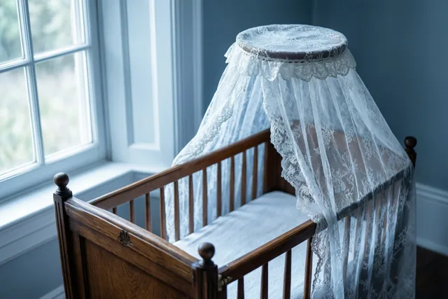 Een oude houten wieg met een witte kanten hemel staat naast een hoog raam in een zacht verlichte kamer met gedempt blauwe muren.