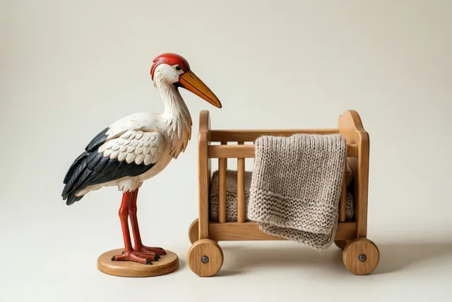 Een beschilderde houten speelgoedooievaar staat naast een klein houten wiegje op wieltjes met een beige handgebreide deken, tegen een effen gebroken witte achtergrond.