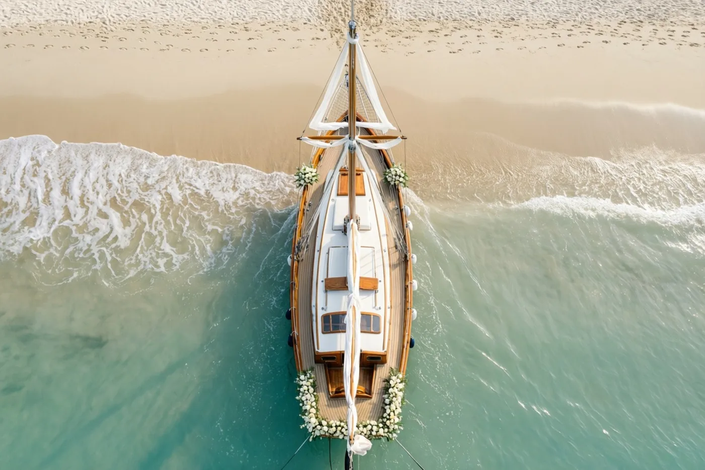 Van bovenaf is een houten zeilboot met witte bloemen en linten te zien, voor anker in turquoise water bij een zandstrand.