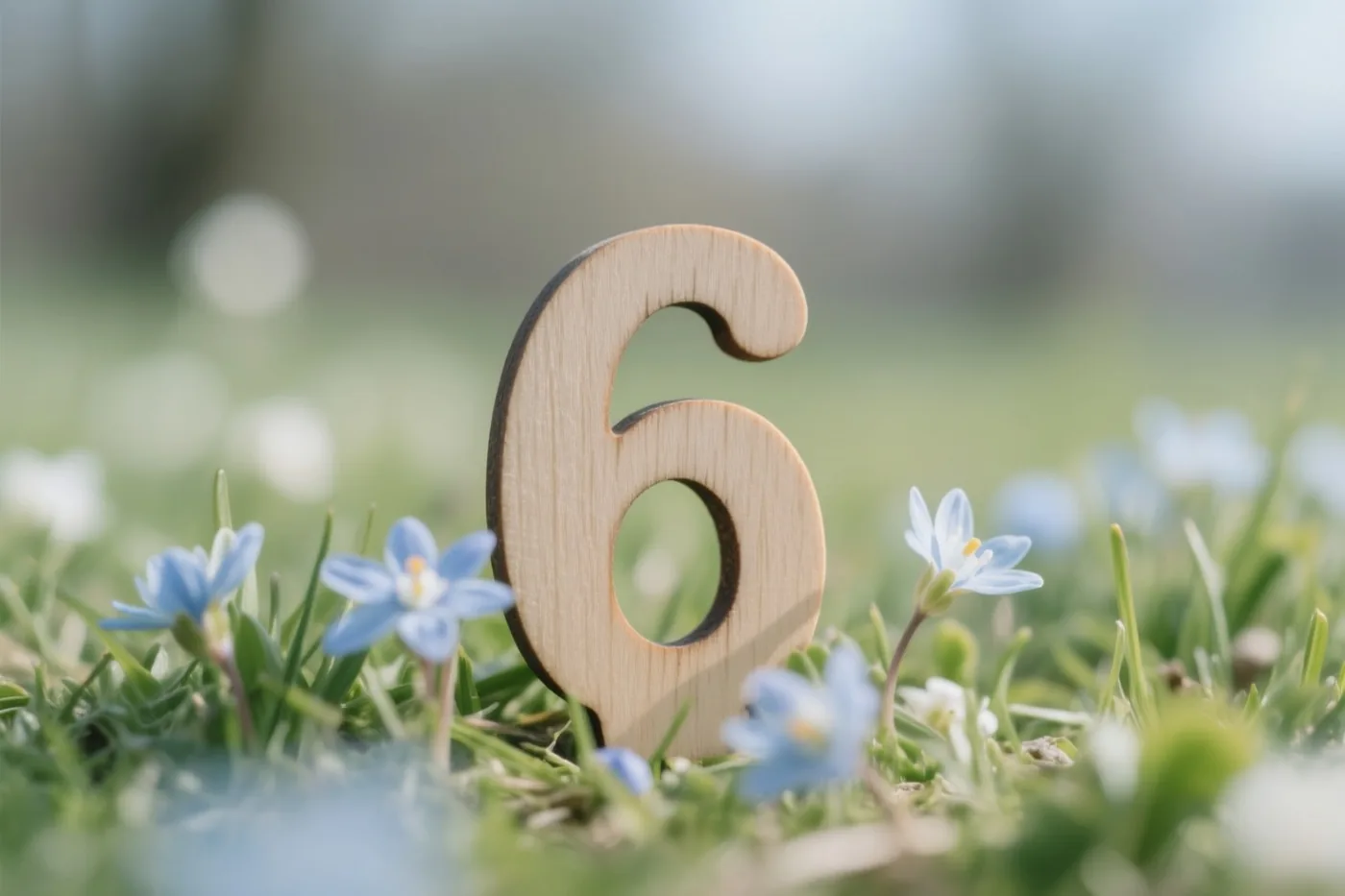 Een houten cijfer 6 staat in een grasweide met kleine blauwe bloemen in helder zonlicht, met een zachte onscherpe achtergrond.