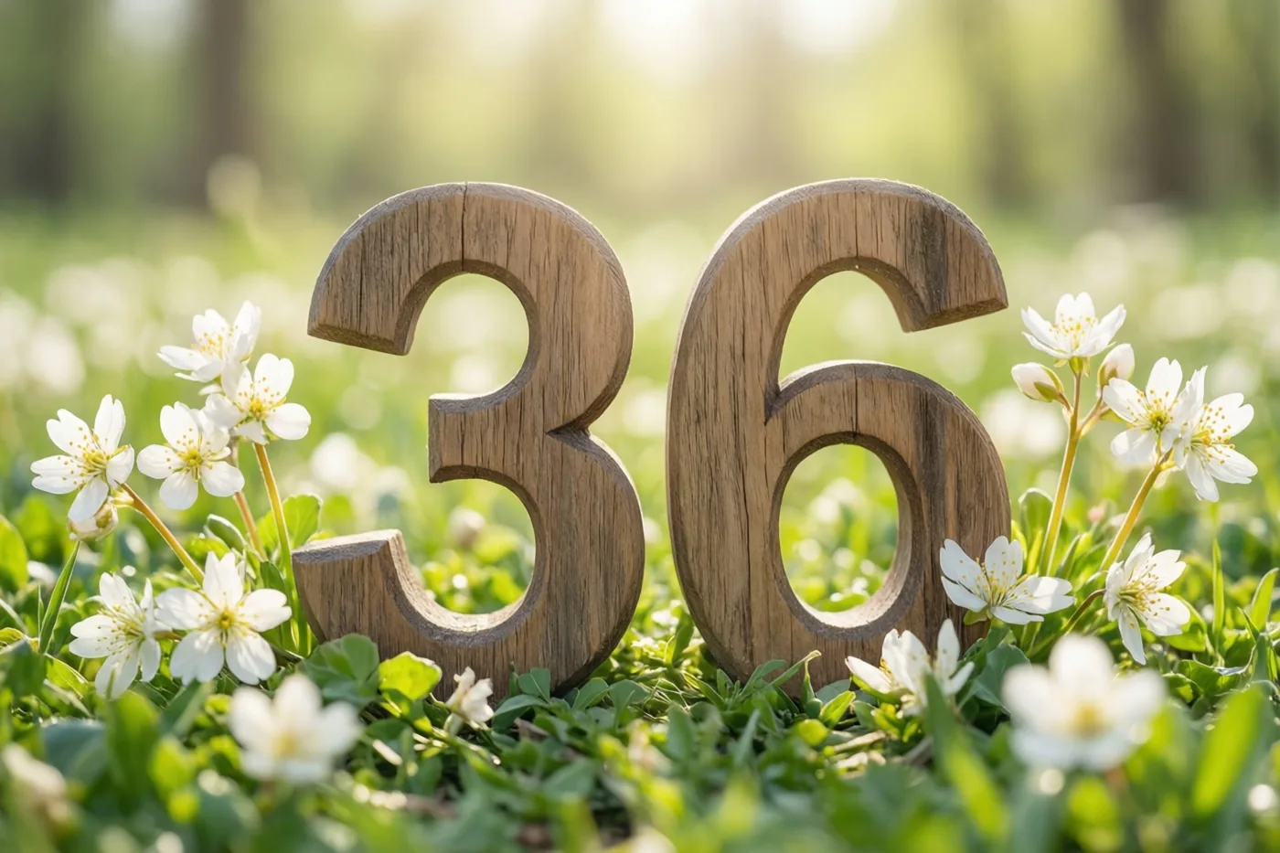 Houten cijfers 36 staan in groen gras met kleine witte lentebloemen in het heldere zonlicht.