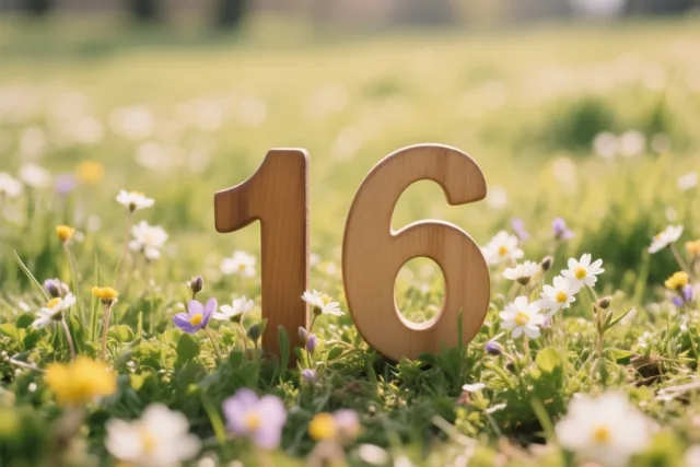 Houten cijfers vormen 16 in een zonnige grasweide met verse lentebloemen in overwegend groene, witte en gele tinten.