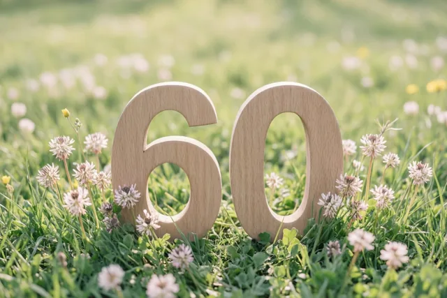 Een houten 60 staat in een groene weide vol kleine witte en gele bloemen in helder zonlicht.