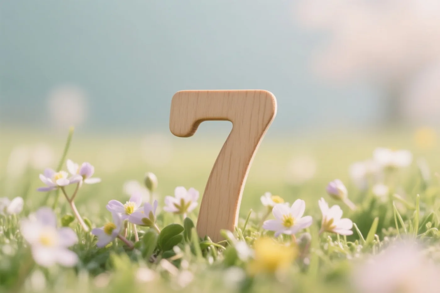 Een houten 7 staat rechtop in groen gras met kleine witte en paarse lentebloemen in fel zonlicht, tegen een zacht onscherpe achtergrond in pastelkleuren.
