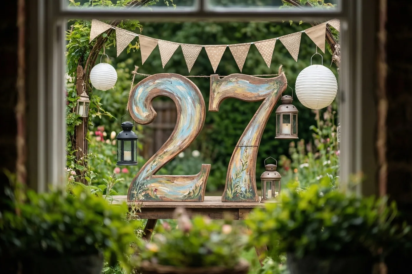 Een groot geschilderd houten getal 27 staat op een houten tuintafel tussen vlaggetjes en hangende lantaarns, gezien door een raam.